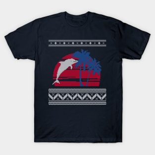 Blue and Red Palm Tree and Dolphin Ugly Christmas Sweater Design T-Shirt